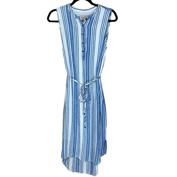 Philosophy Linen Dress with Belt, Blue & White Stripes, Medium - Picture 1 of 8